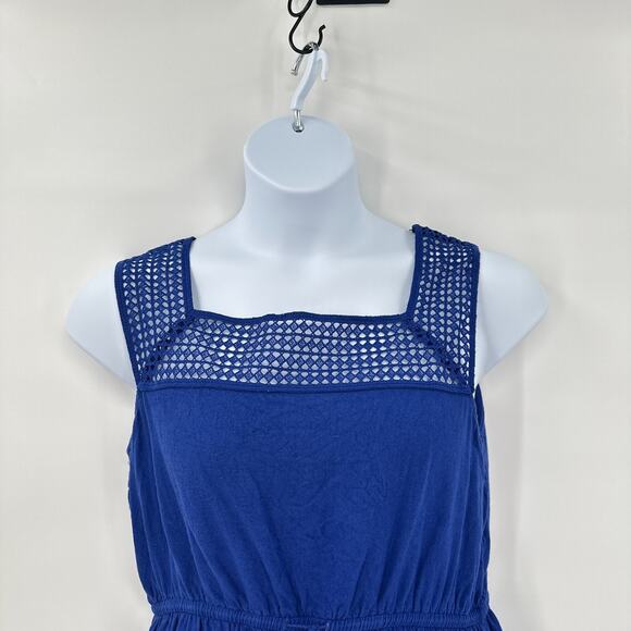 American Blue Summer Dress Blue Large Square Neck Linen Boho Crochet Trim - Picture 3 of 10